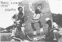 Ground personnel of the 201st Mexican fighter squadron  with the squadron mascot Disney's  "Panchito Pistolas" painted on the wing of a Japanese fighter that marked the entrance to the Mexican camp in the Philippines 1945. (photo by Capt.Manuel Cervantez Perez).