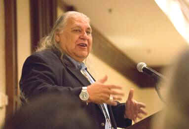 Paul Apodaca, associate professor of sociology and American studies at Chapman University, delivers his keynote address at the Native American Heritage Month reception on Nov. 8 at the Fullerton Marriott. (Photo courtesy of Cal State Fullerton)