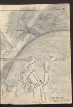 A picture of a Nazi guard beating a prisoner in Berga, drawn by Tony Acevedo.